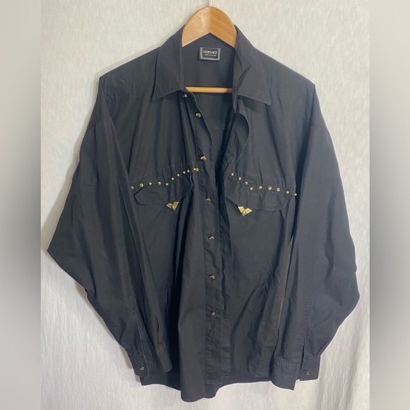 VERSACE JEANS COUTURE Vintage Western Men’s Black Studded Shirt Metal Tips Sz M